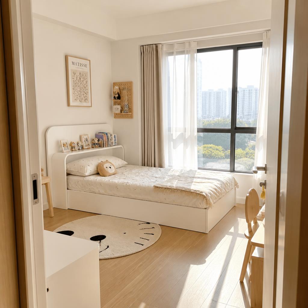 Phòng ngủ trẻ em với giường plywood phủ melamine trắng tinh, đầu giường thấp bo tròn, ánh sáng ban ngày ấm từ cửa sổ lớn, góc chụp từ ngưỡng cửa phòng nhìn vào, không gian sáng thoáng, đồ chơi nhỏ trên kệ đầu giường