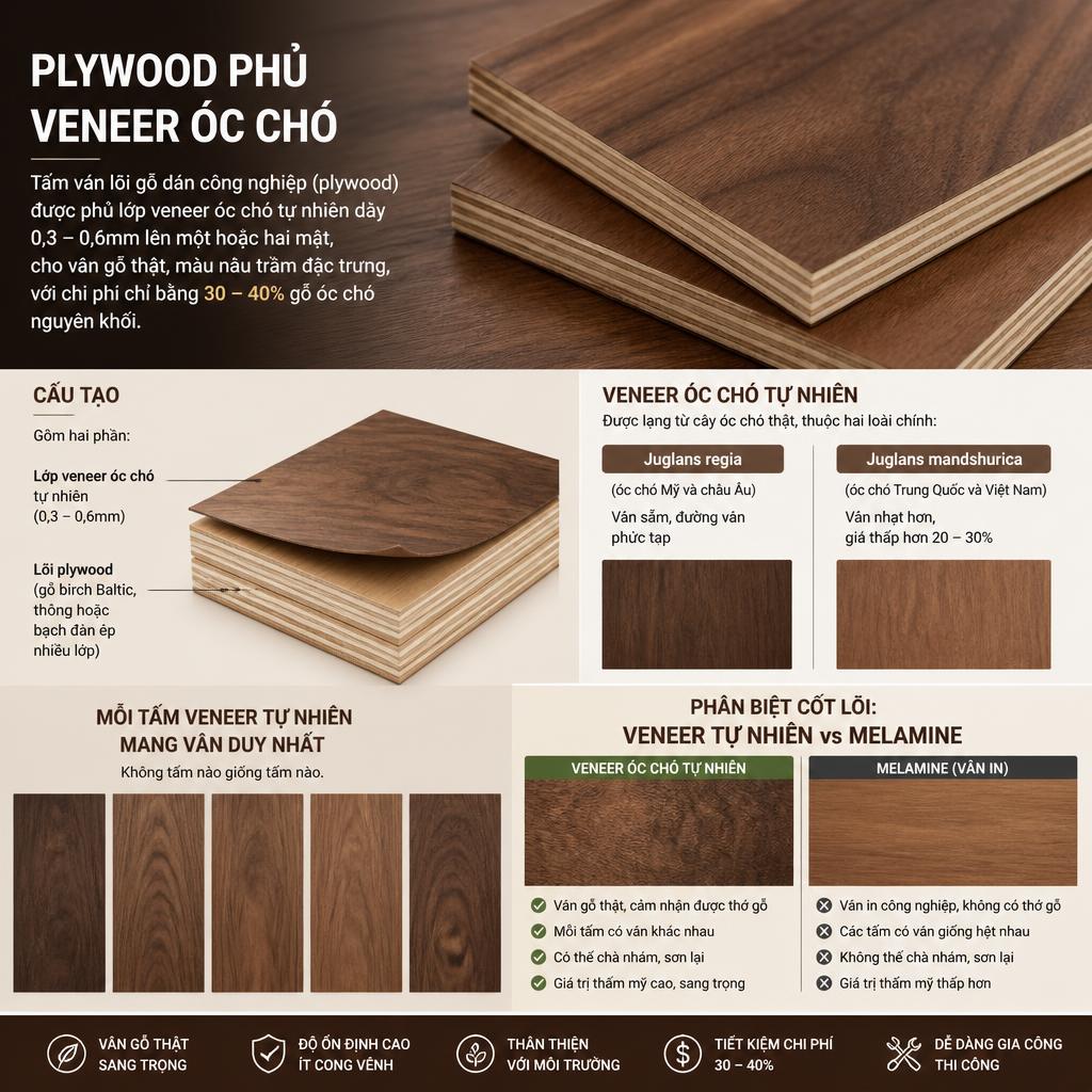 Plywood phủ veneer óc chó – vân gỗ thật, chi phí tối ưu