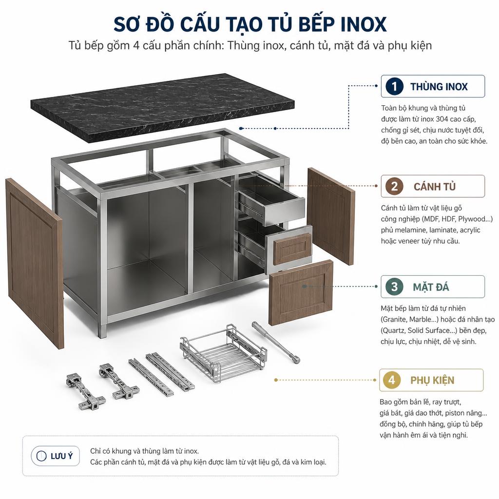 Sơ đồ cấu tạo tủ bếp inox gồm 4 cấu phần: thùng inox, cánh tủ, mặt đá và phụ kiện