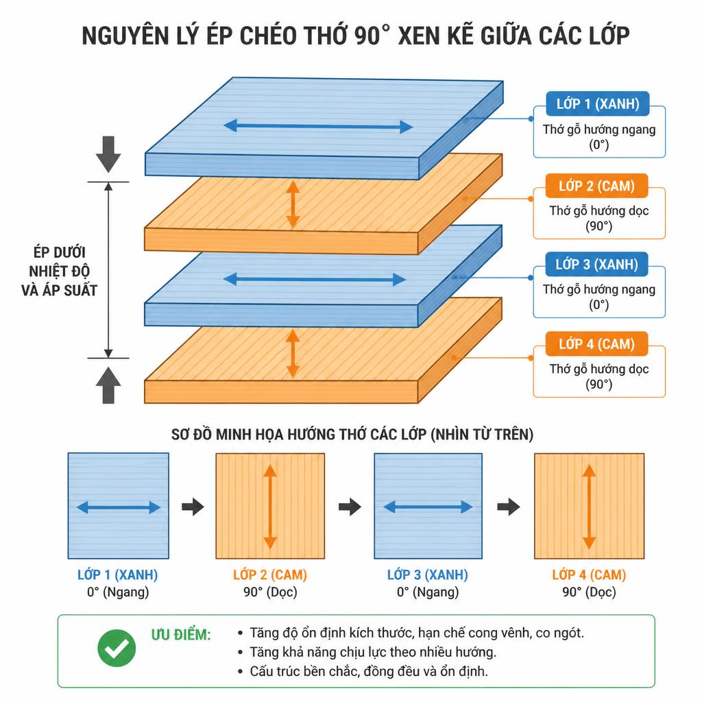 Sơ đồ kỹ thuật dạng flat design, minh họa nguyên lý ép chéo thớ 90 độ xen kẽ giữa các lớp, màu sắc phân biệt từng lớp xanh-cam-xanh-cam, chú thích tiếng Việt rõ ràng, nền trắng sạch