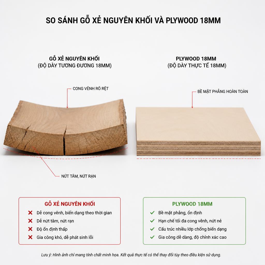 So sánh 2 tấm gỗ cắt ngang đặt cạnh nhau trên nền trắng studio, bên trái gỗ xẻ nguyên khối bị nứt và cong vênh rõ rệt, bên phải plywood 18mm vẫn phẳng hoàn toàn, chú thích kỹ thuật bằng tiếng Việt, ánh sáng studio đều từ trên xuống