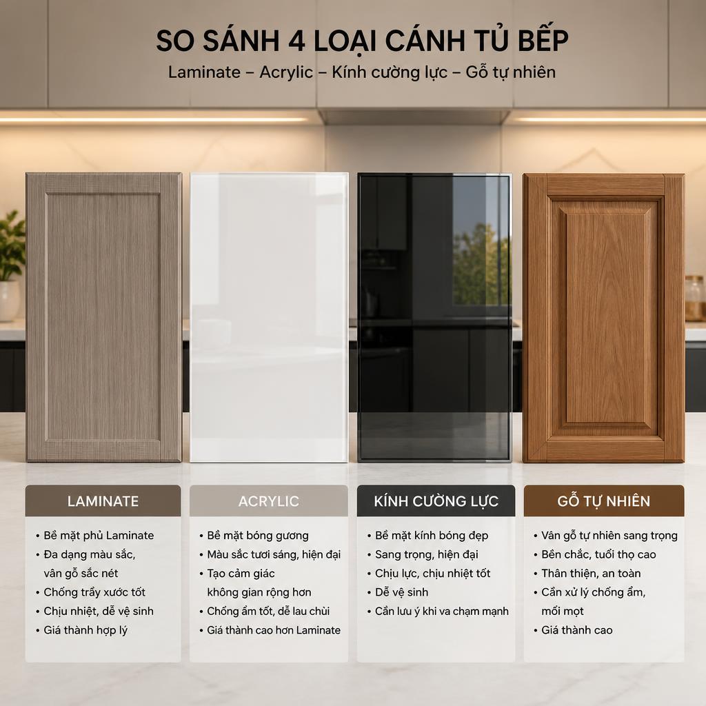 So sánh 4 loại cánh tủ bếp inox: Laminate, Acrylic, kính cường lực và gỗ tự nhiên đặt cạnh nhau