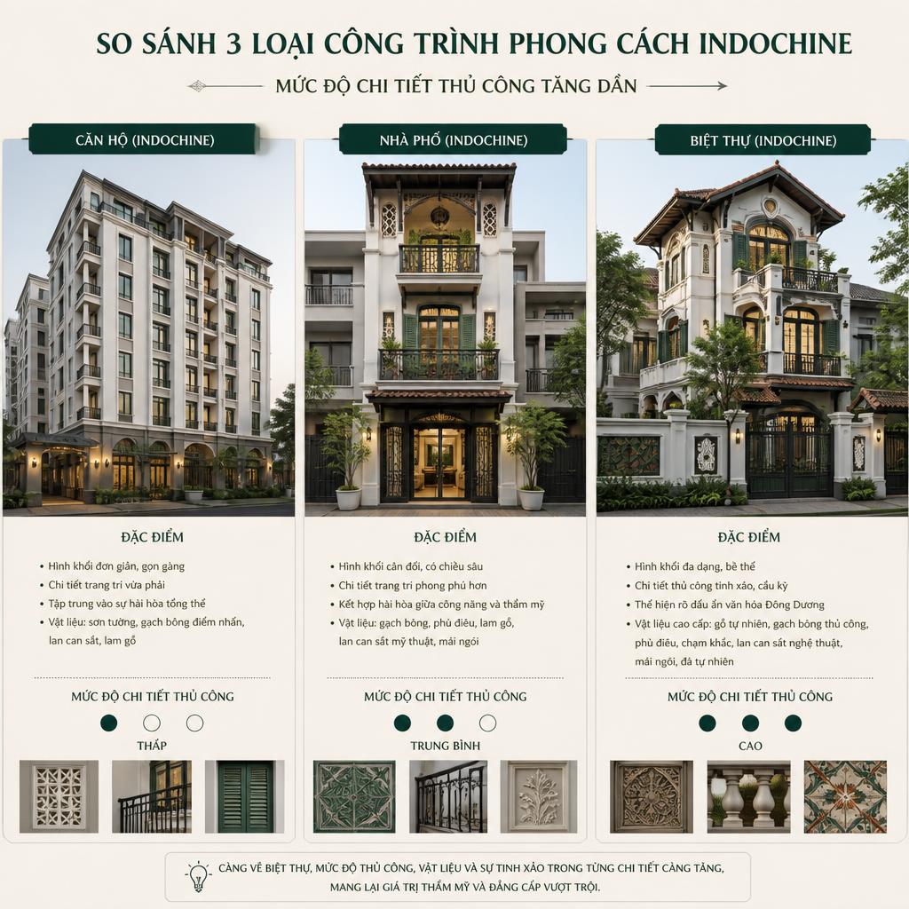 So sánh ba loại công trình căn hộ, nhà phố, biệt thự phong cách Indochine, thể hiện mức độ chi tiết thủ công tăng dần