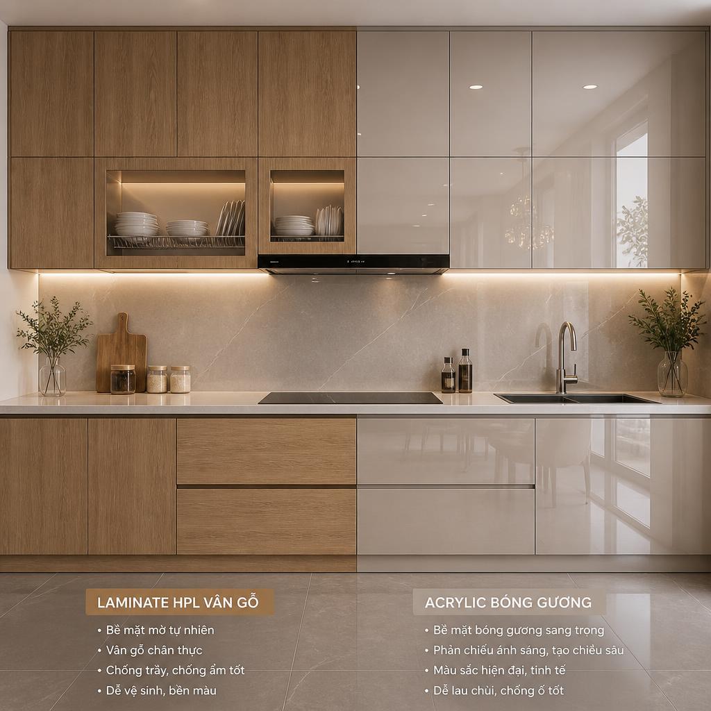 So sánh bề mặt cánh tủ Laminate HPL vân gỗ và cánh tủ Acrylic bóng gương cạnh nhau trong cùng không gian bếp