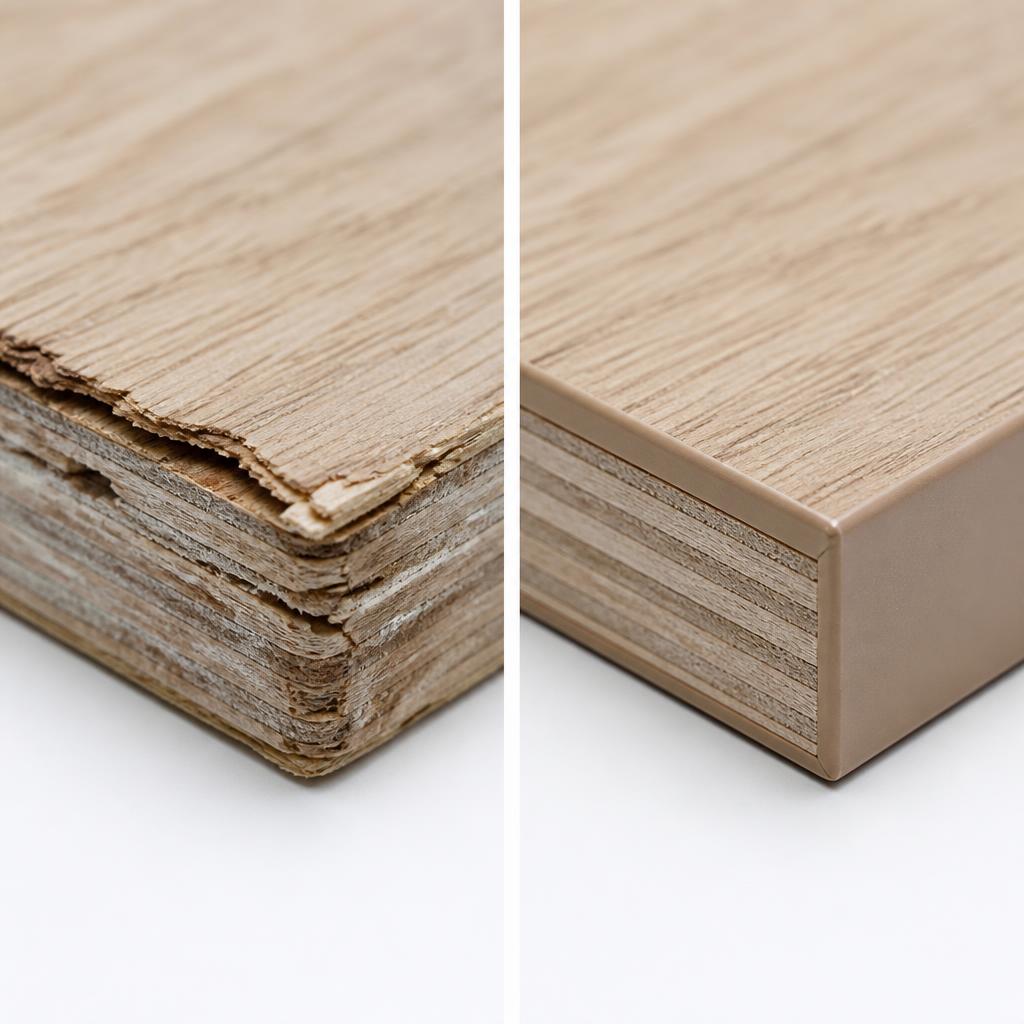 So sánh cạnh plywood, trái: cạnh không dán ABS bị phồng rộp và tách lớp sau tiếp xúc ẩm; phải: cạnh dán ABS 1mm bằng máy tự động, phẳng mịn hoàn hảo, ánh sáng studio, góc chụp macro, nền trắng