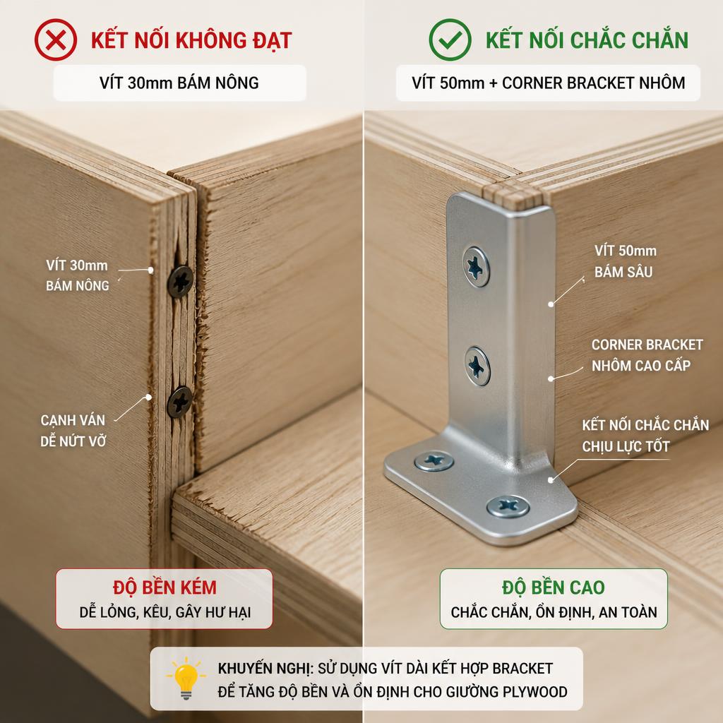 So sánh hai điểm kết nối góc giường plywood, trái: vít 30mm bám nông, cạnh ván nứt vỡ; phải: vít 50mm + corner bracket nhôm, kết nối chắc chắn, góc chụp close-up, ánh sáng studio, chú thích kỹ thuật tiếng Việt