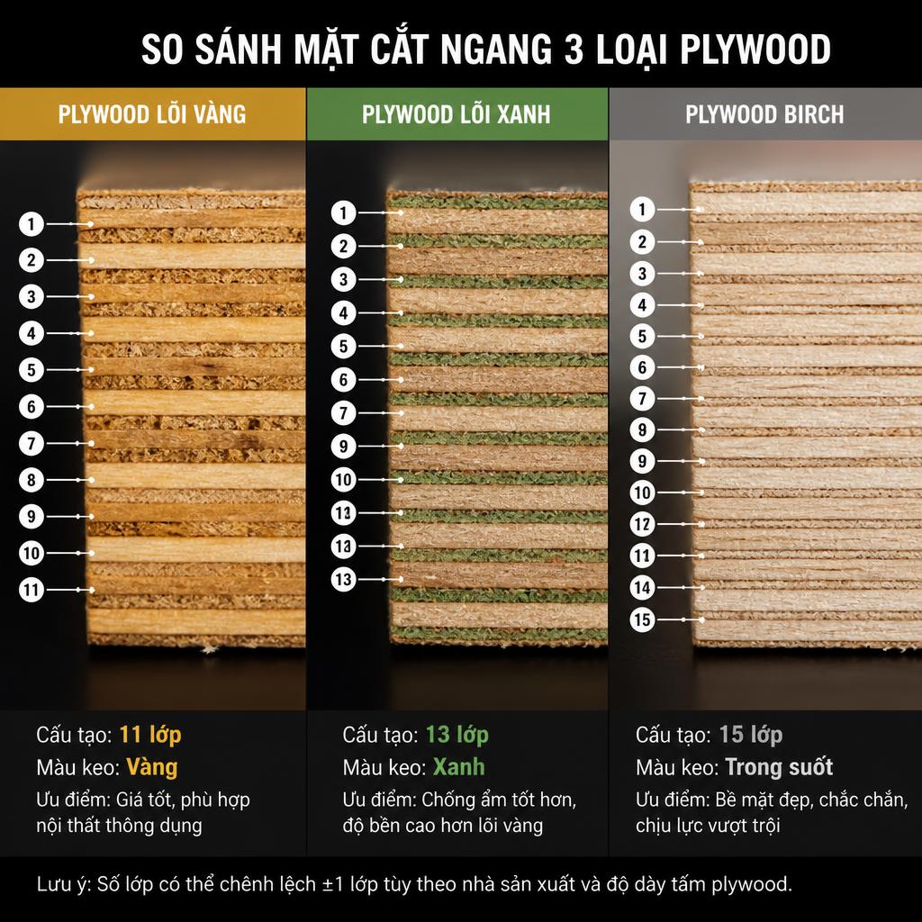 So sánh mặt cắt ngang ba loại plywood lõi vàng, lõi xanh và Birch, phóng to thấy rõ số lớp ép