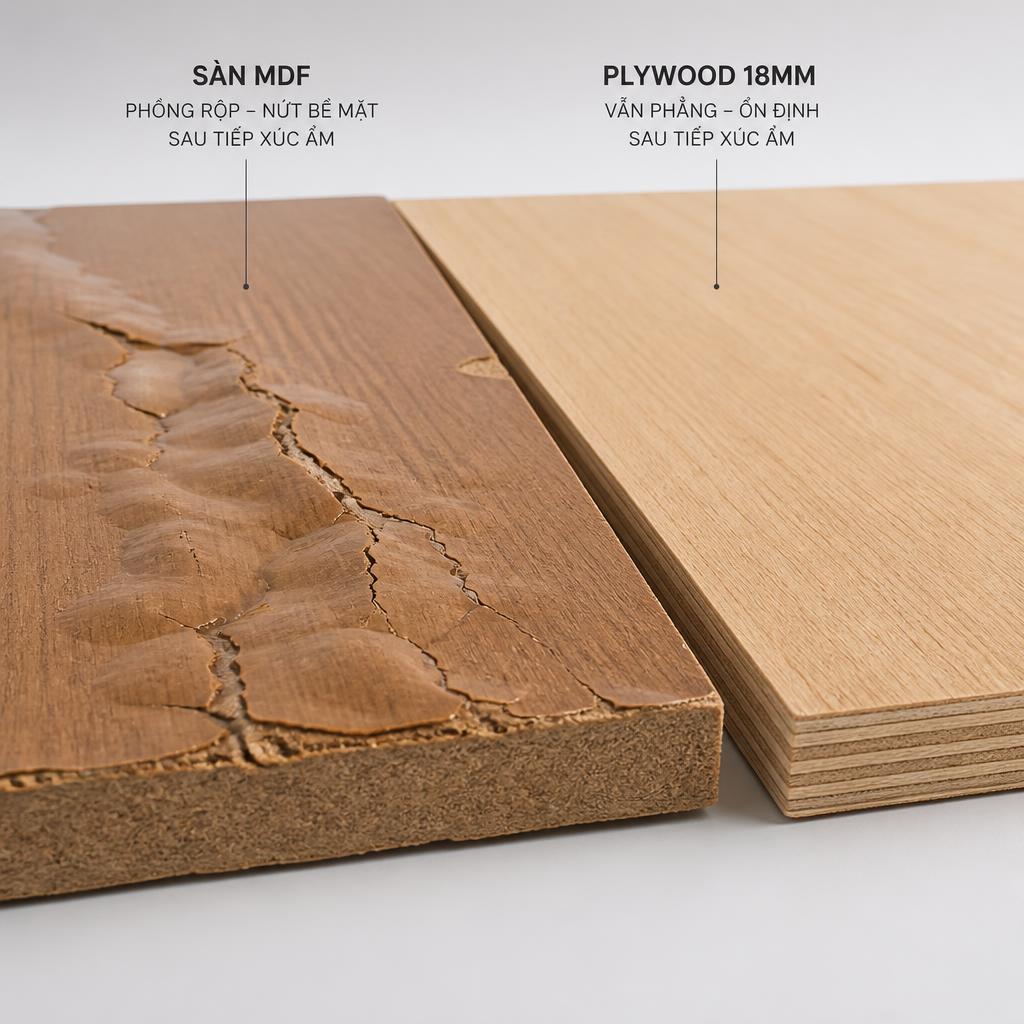 Tấm sàn MDF bị phồng rộp và nứt bề mặt sau tiếp xúc ẩm, đặt cạnh tấm plywood 18mm vẫn phẳng hoàn toàn, ánh sáng studio, góc chụp nghiêng 30°, thể hiện rõ sự khác biệt trạng thái vật liệu