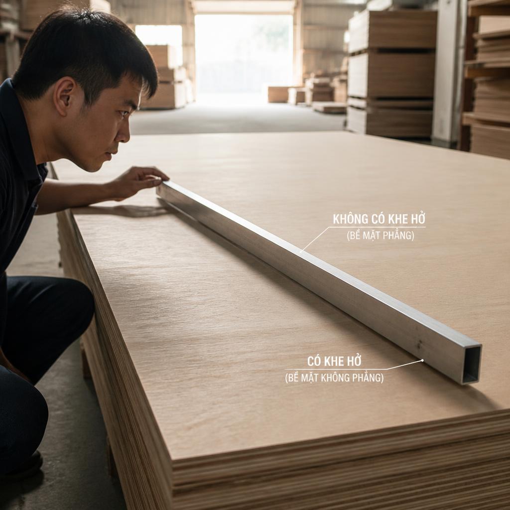 Thợ kiểm tra độ phẳng tấm plywood bằng thước nhôm 2m đặt chéo góc tấm ván, ánh sáng xưởng từ phía sau tạo bóng đổ dưới thước, góc chụp từ bên cạnh, thể hiện khe hở (hoặc không có khe hở) giữa thước và bề mặt ván