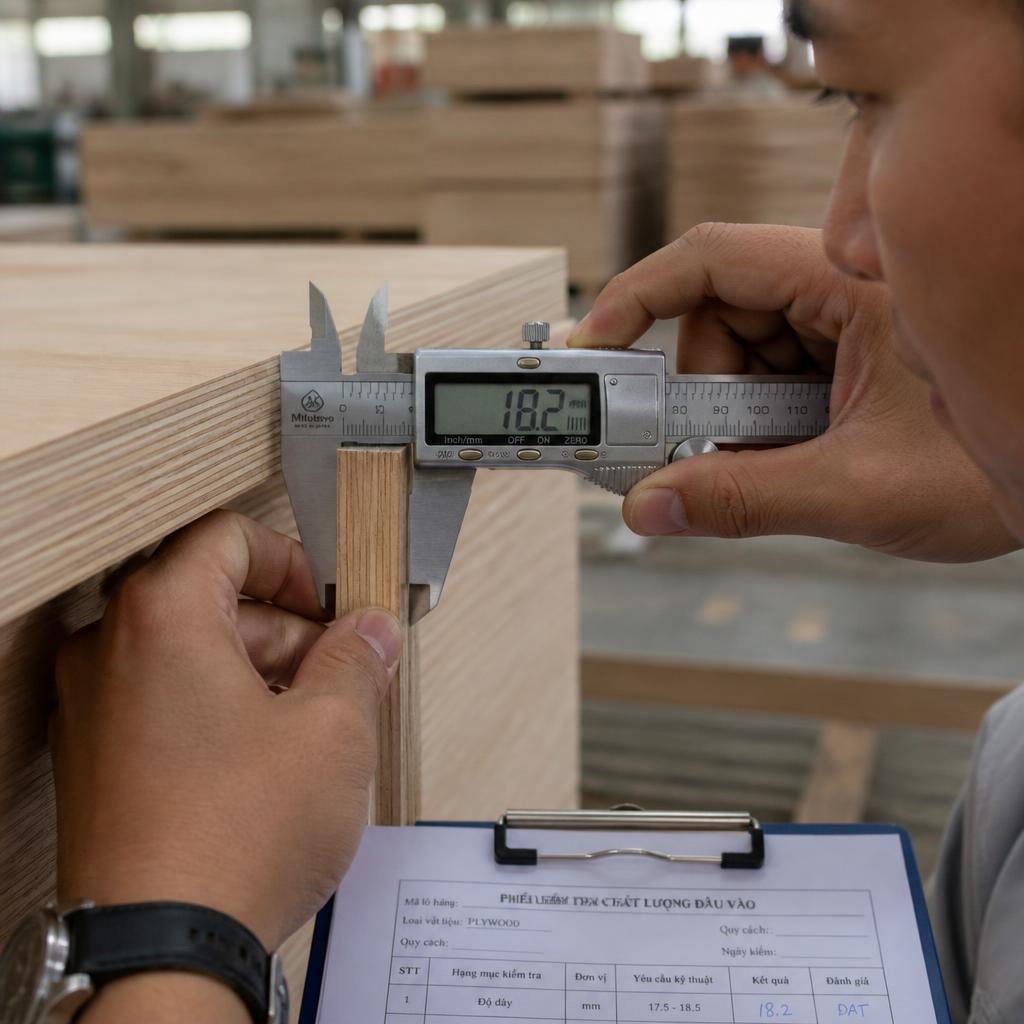Thợ kỹ thuật đo độ dày tấm plywood bằng thước kẹp Vernier tại xưởng sản xuất, góc chụp close-up từ bên cạnh, ánh sáng xưởng tự nhiên, thể hiện số đo 18.2mm trên thước, quy trình kiểm soát chất lượng đầu vào