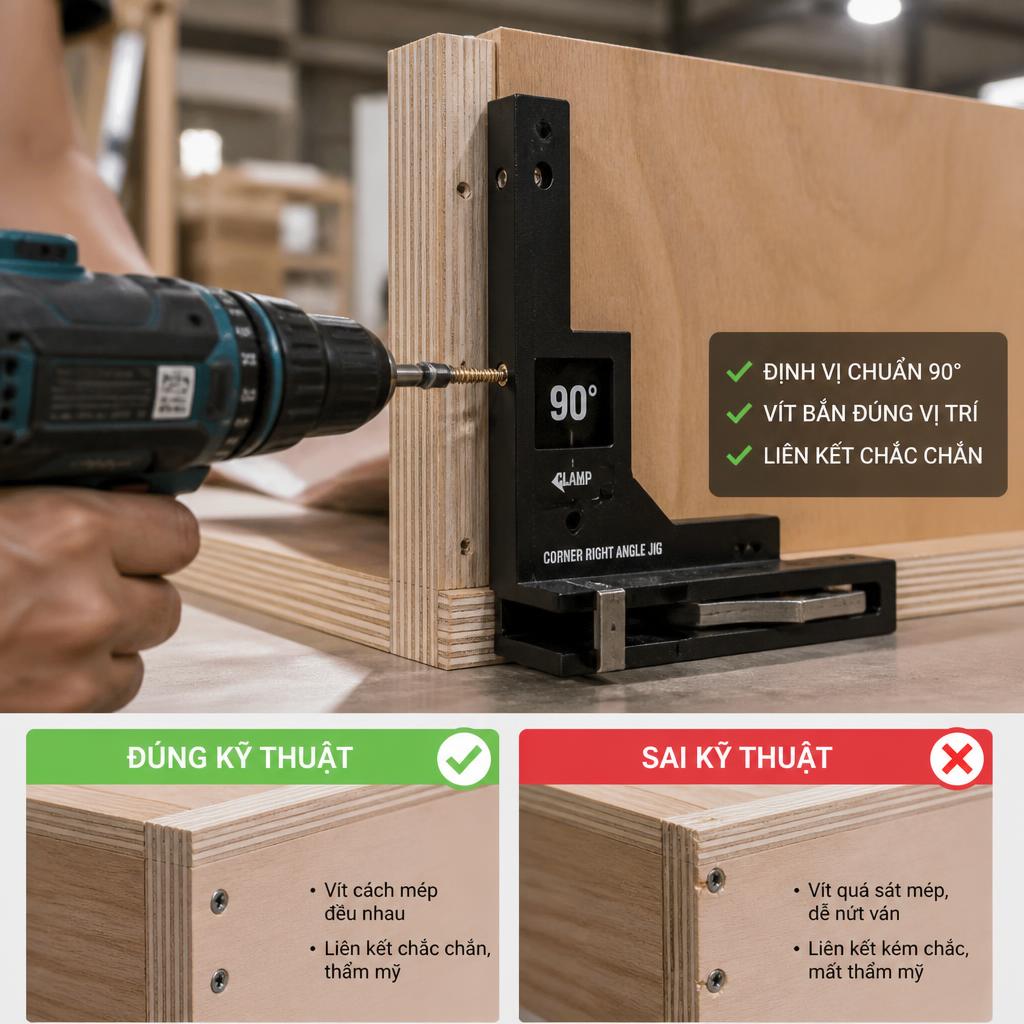 Thợ thi công đang bắn vít liên kết góc giường plywood với jig định vị góc vuông 90°, góc chụp close-up từ bên cạnh, ánh sáng xưởng, thể hiện quy trình thi công đúng kỹ thuật so sánh ngầm với lỗi bắn vít sai vị trí
