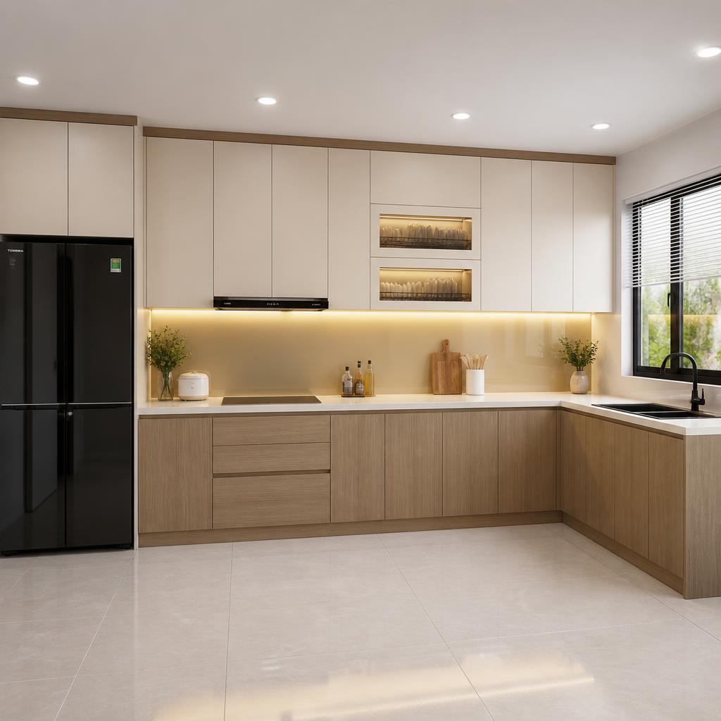Tủ bếp nhựa Picomat phủ Melamine hoàn thiện trong không gian bếp hiện đại, góc chụp tổng thể cho thấy tủ trên và tủ dưới