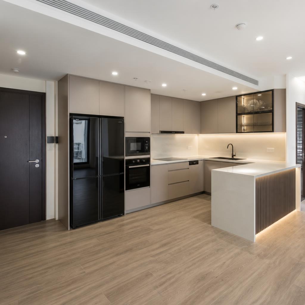 Tủ bếp Picomat phủ Laminate HPL hoàn thiện tại công trình căn hộ Hà Nội, góc chụp toàn cảnh thể hiện cánh tủ phẳng, đường nét tinh xảo
