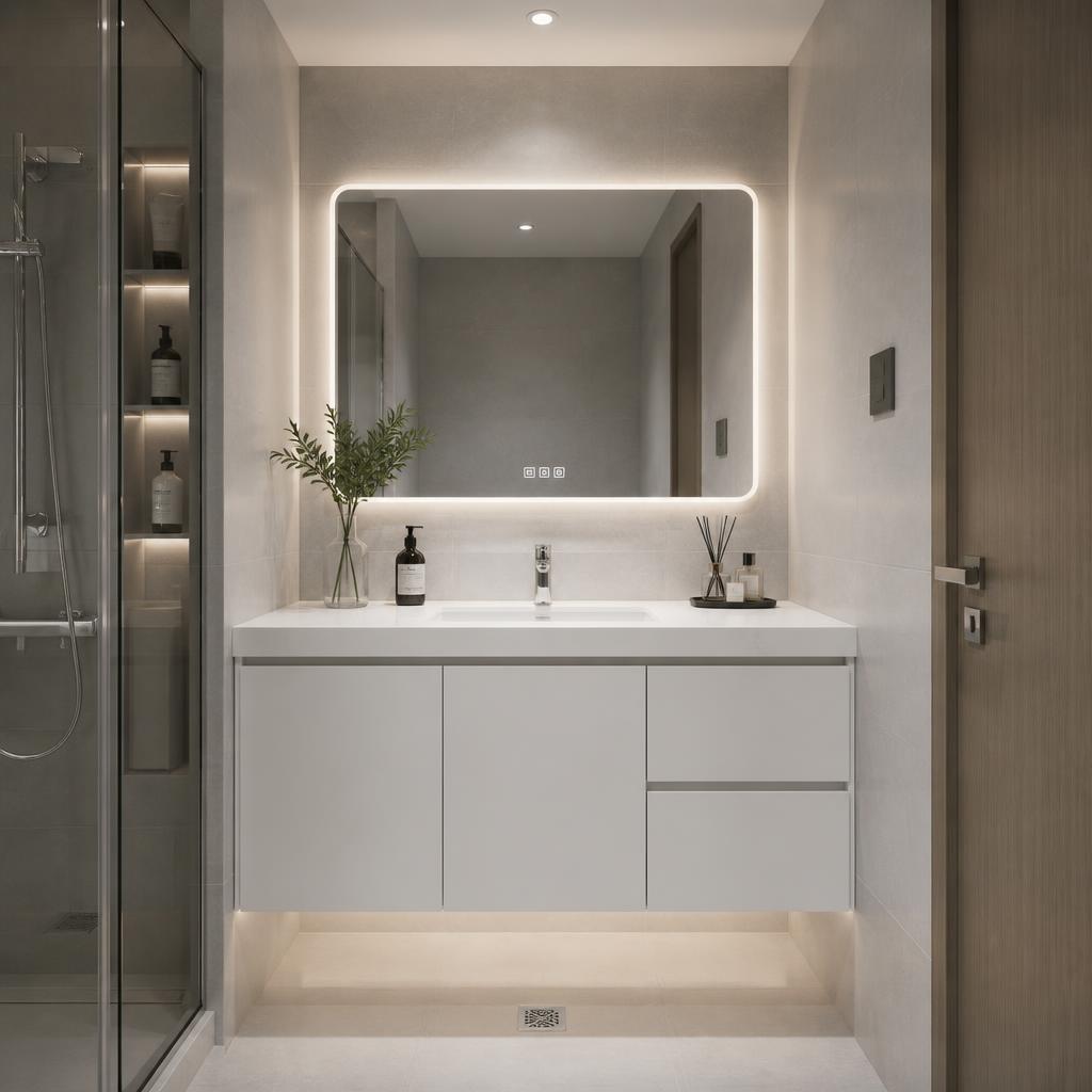 Tủ lavabo gỗ nhựa PVC màu trắng matte trong phòng vệ sinh chung cư hiện đại, kết hợp gương đèn LED