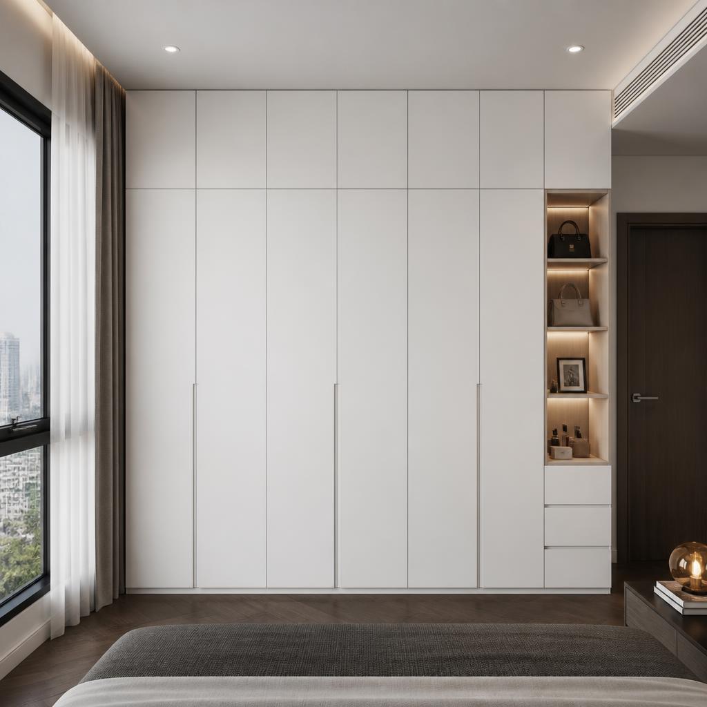 Tủ quần áo gỗ plywood phủ Laminate màu trắng, thiết kế kịch trần, phòng ngủ căn hộ cao cấp Hà Nội