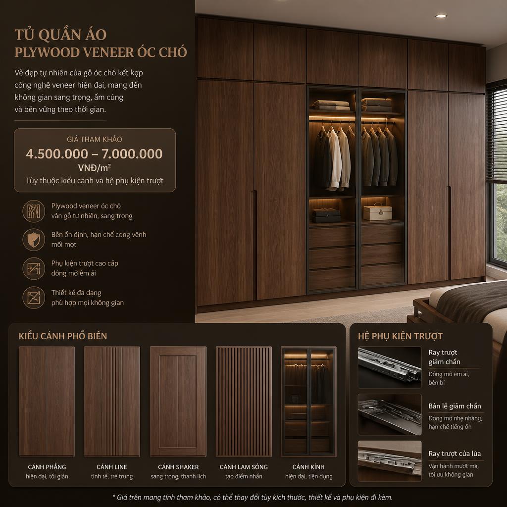Tủ veneer óc chó cao cấp, giá từ 4,5 triệu/m²