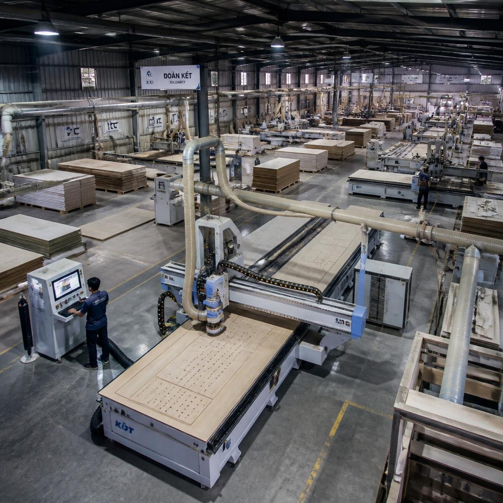 Xưởng sản xuất nội thất với máy CNC đang cắt tấm plywood, góc chụp wide-angle từ phía trên, ánh sáng xưởng công nghiệp, thể hiện quy mô sản xuất và công nghệ gia công chính xác