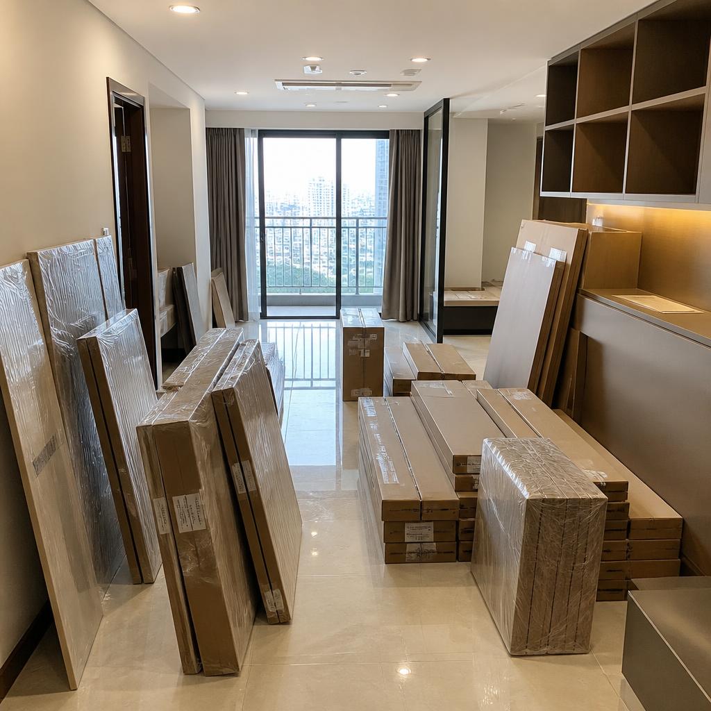 Vận chuyển vật liệu nội thất qua thang máy dịch vụ tại tòa nhà chung cư cao tầng