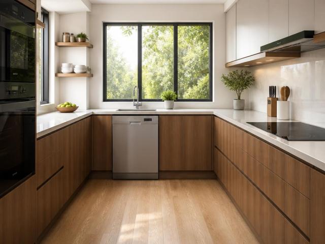 Tủ bếp chữ U có khu vực để máy rửa bát