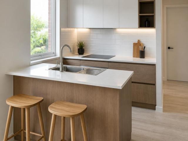 Tủ bếp mini có bồn rửa kết hợp quầy bar