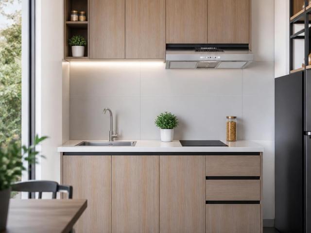 Tủ bếp mini có bồn rửa và máy hút mùi
