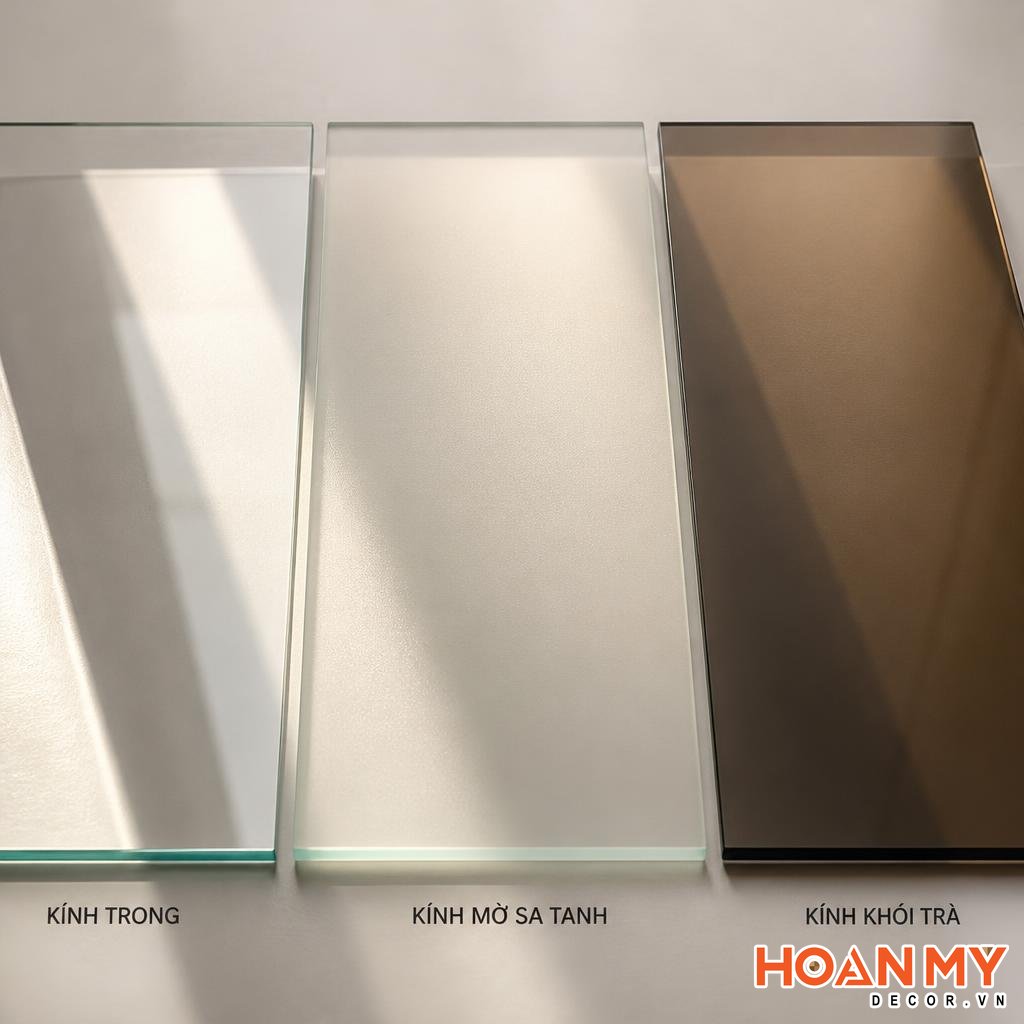 3 mẫu kính dùng cho tủ quần áo cánh kính (trong, mờ sa tanh, khói trà) chụp cận cảnh so sánh cạnh nhau, góc chụp từ trên xuống, ánh sáng đèn studio xuyên qua kính
