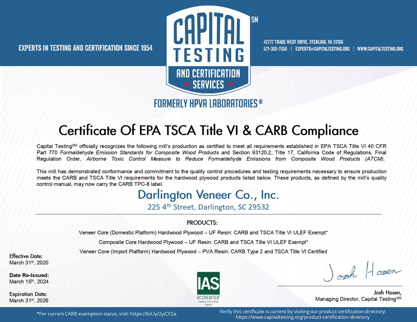 Giấy chứng nhận EPA TSCA Title VI và CARB Compliance.
