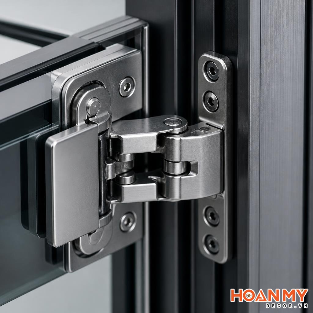 cận cảnh bản lề giảm chấn gắn vào cánh kính khung nhôm, góc chụp macro, ánh sáng studio làm rõ chi tiết cơ khí