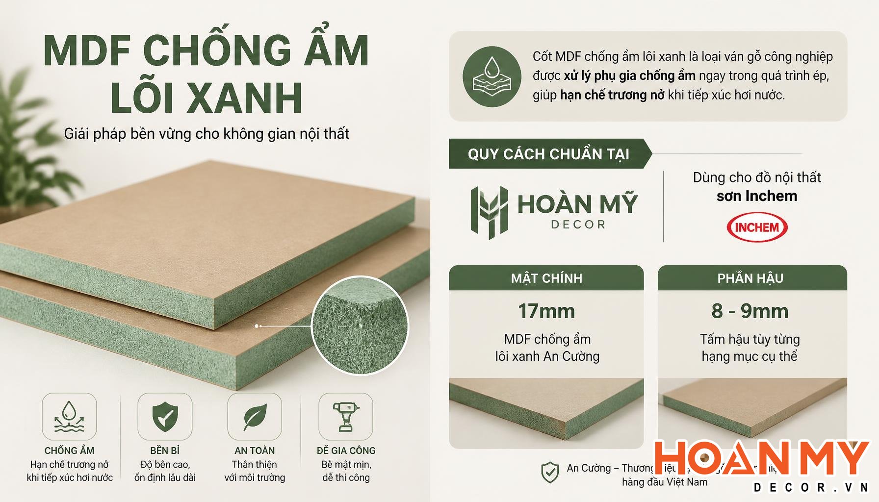 MDF chống ẩm lõi xanh An Cường dùng cho đồ sơn Inchem
