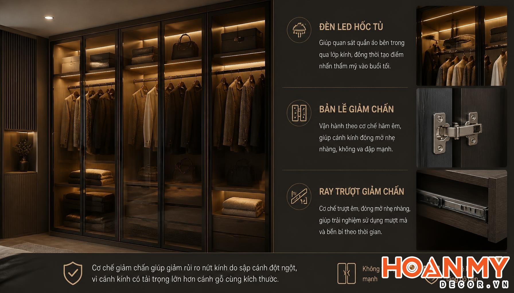 Tủ áo cánh kính An Cường: đèn LED, bản lề giảm chấn êm ái